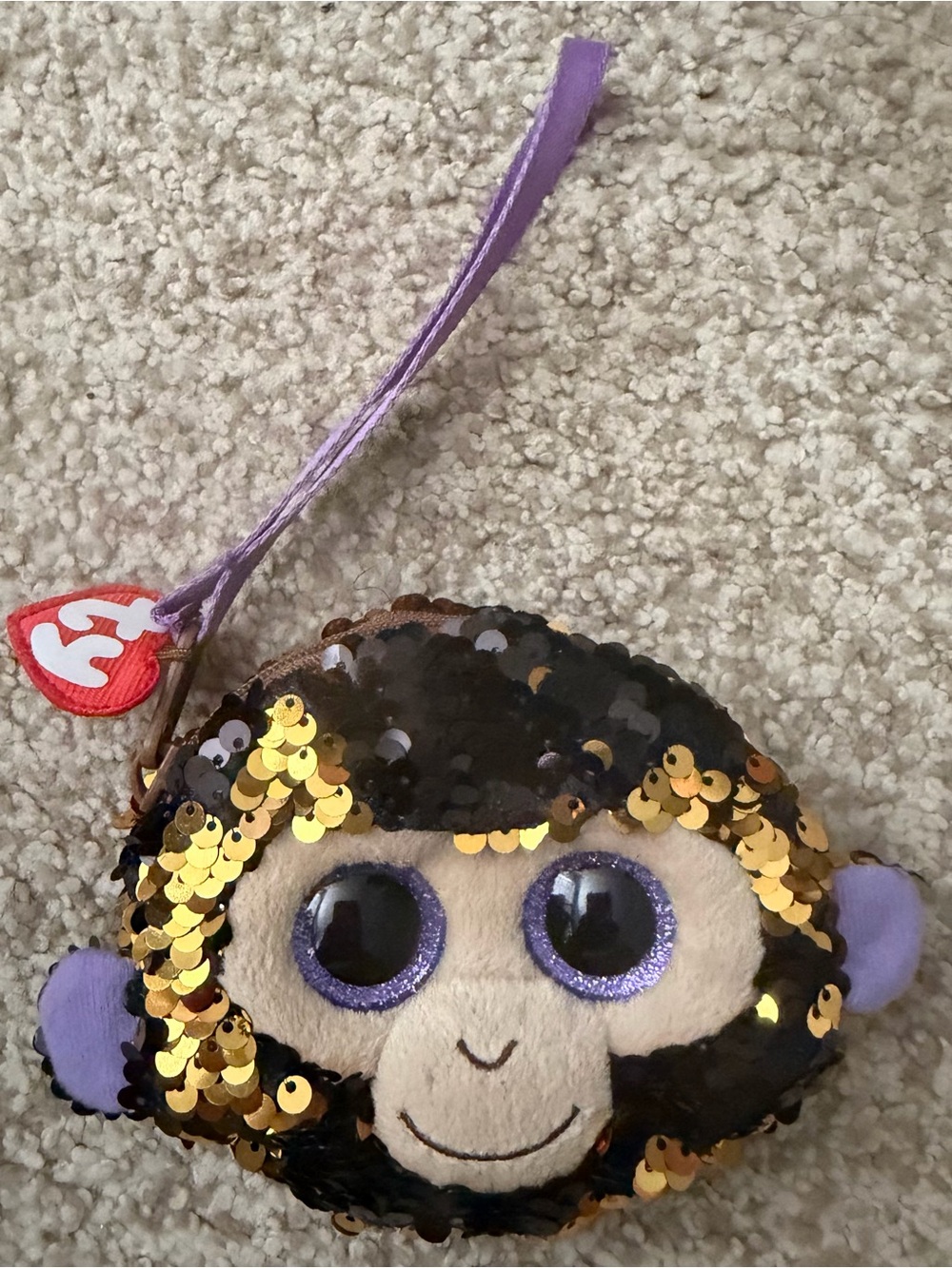 Ty Gold Sequin Monkey coconut Bag Charm with Purple Accents